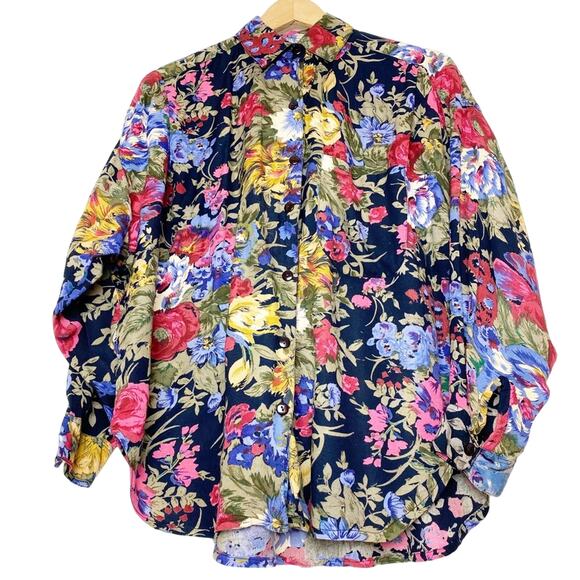 Vintage Navy Floral Full Sleeve Button Front Blouse Women’s Size Medium - Picture 1 of 14
